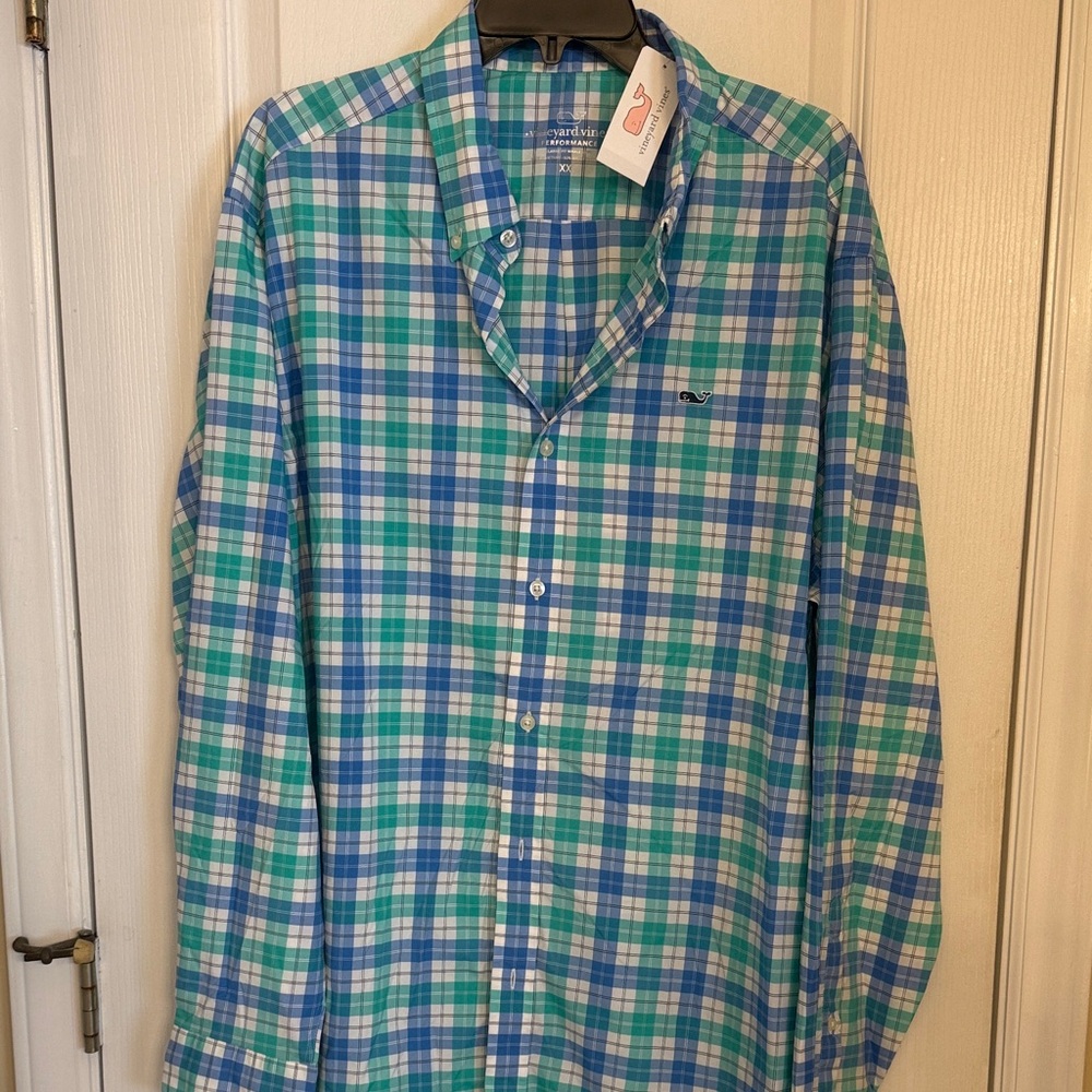 Vineyard Vines Performance Men's Casual Blue and Green Check Shirt